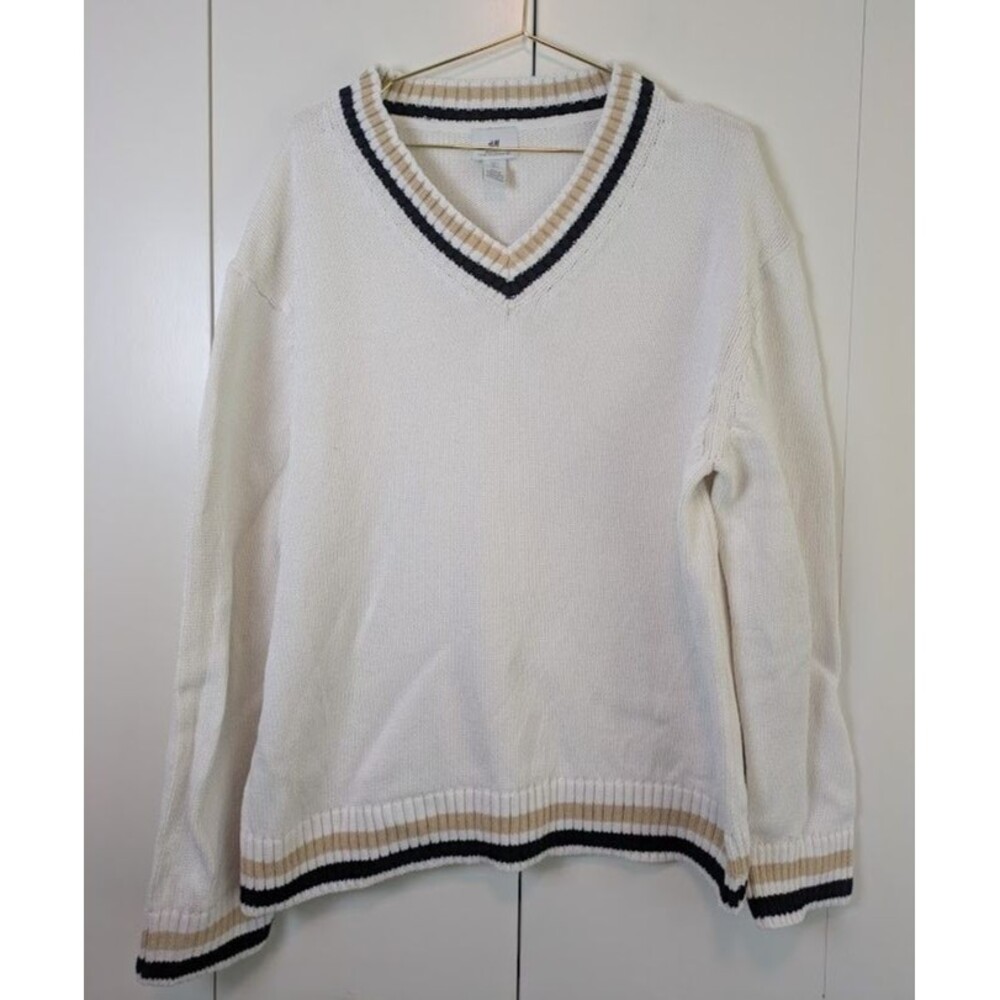 H&M V-Neck Varsity Sweater Large Cream Black Tan Striped Trim Ribbed